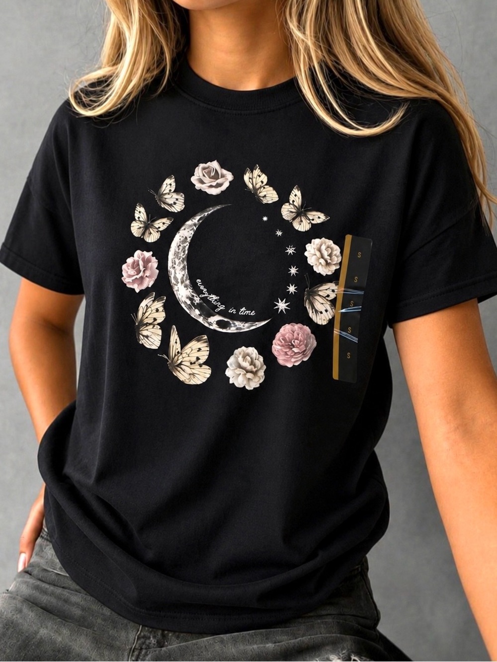 Black Tee with Moon, Butterflies & Pink Roses
